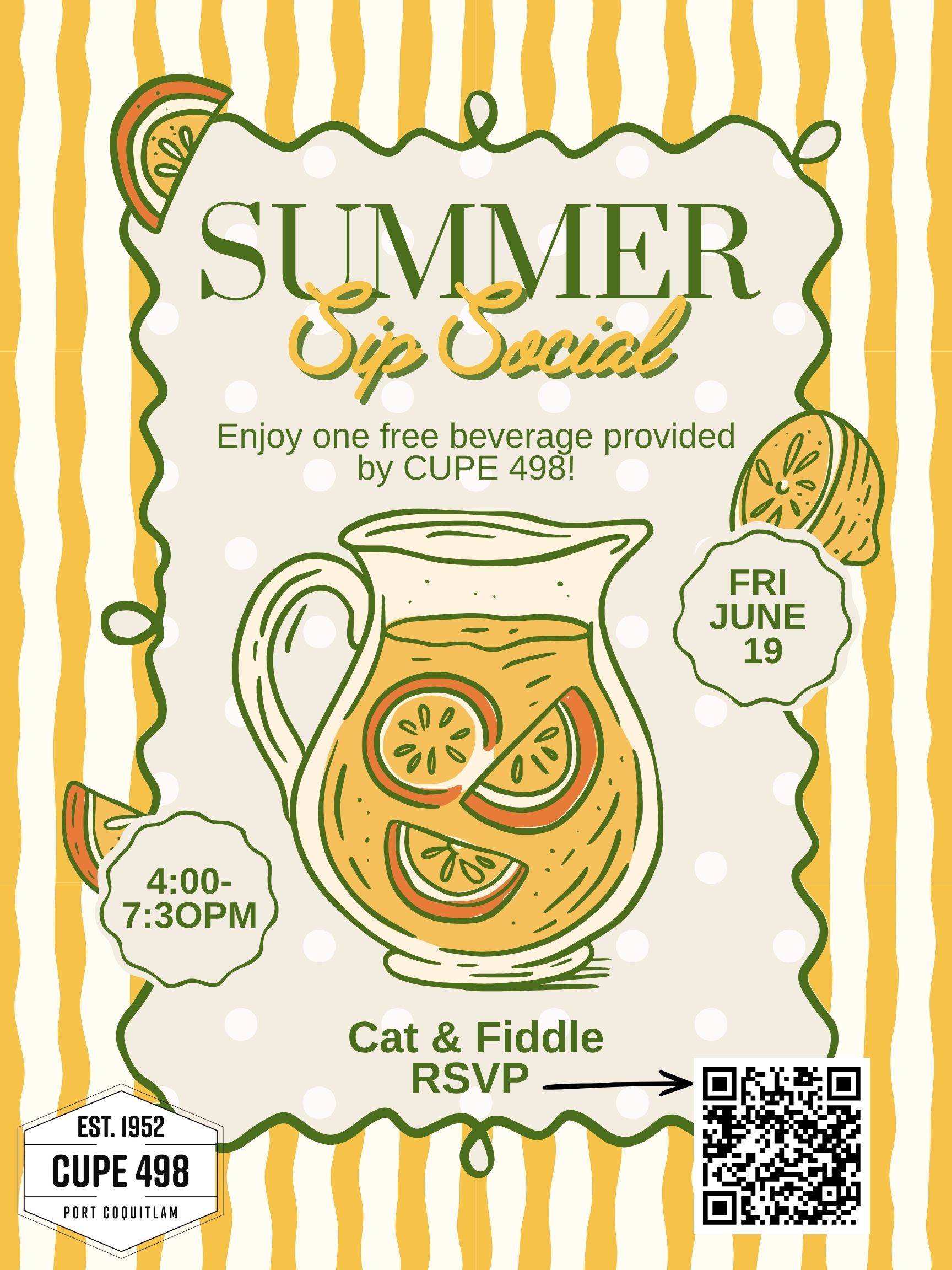 poster with yellow stripes for the summer sip social